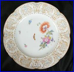 12 KPM Berlin Hand Painted Floral Meadow Molded Gold Scrollwork 10 1/4 Plates