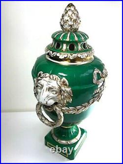 14 KPM Berlin Lion Mascarons Porcelain Urn With Lid White Green Gold