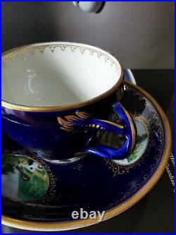 19th C Antique KPM Berlin hand painting Cobalt & Gold Porcelain Teacup & Saucer