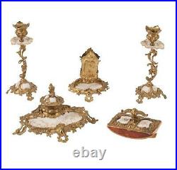 19th C. Louis XVI Gilt-Bronze Royal Porcelain KPM Desk Set inkwell candlestick