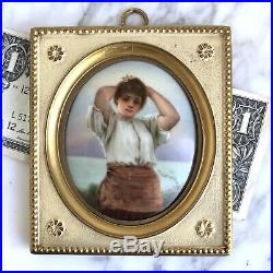 19thC German Antique Hand Painted Porcelain Plaque-Peasant Girl-Wagner/KPM Era