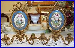 2 SEVRES French Dore BRONZE SCONCES Porcelain Plaque KPM Antique BLUE CAMEO