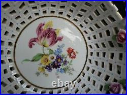 ANTIQUE DRESDEN PORCELAIN KPM RETICULATED BOWL WithBASE HAND PAINTED FLOWERS 11