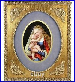 An Antique Virgin Mary Baby Jesus Painting on Framed KPM Style Porcelain Plaque