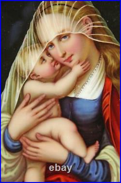 An Antique Virgin Mary Baby Jesus Painting on Framed KPM Style Porcelain Plaque