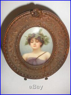 Antique 1800 hand painted miniature portrait porcelain plaque Nymph Daphne KPM