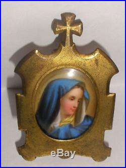 Antique 1800`s porcelain KPM style miniature Blue Madonna portrait Gothic frame
