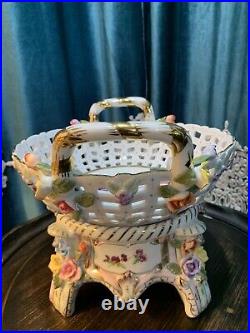 Antique! 19C KPM Porcelain Flower Encrusted Reticulated Fruit Basket C. 1844-1847