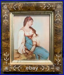 Antique 19th/20th C. Porcelain Plague Portrait Painting of Fisher Girl with Net