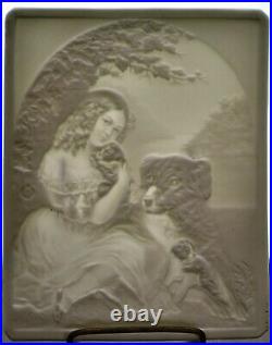 Antique 19th Century German KPM Porcelain Lithophane Panel Girl with Dogs