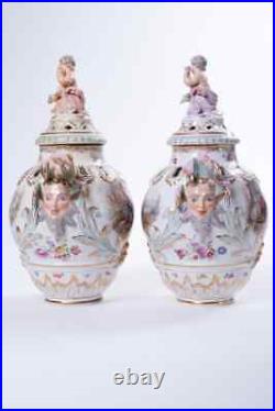 Antique 19th Original Germany KPM style Pair Porcelain Vases Marked 34 cm