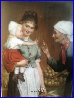 Antique 19th c German Porcelain Painting Plaque Women & Child Offering Fruit
