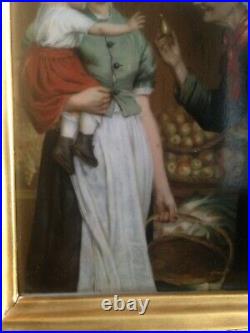 Antique 19th c German Porcelain Painting Plaque Women & Child Offering Fruit