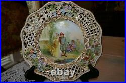 Antique BPM Reticulated German Porcelain Cabinet Portrait Plate Courting Couple