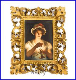 Antique Berlin KPM Porcelain Plaque Young Lady with Candle 19th C
