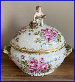 Antique Berlin Porcelain Covered Tureen with Flowers & Cherub as Finial