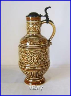 Antique Berlin Porcelain Wine Jug with Pewter Mounts in C17th Raeren Stein Style