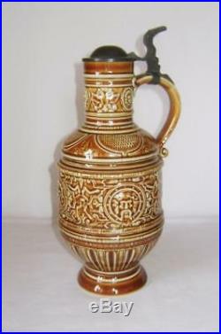 Antique Berlin Porcelain Wine Jug with Pewter Mounts in C17th Raeren Stein Style