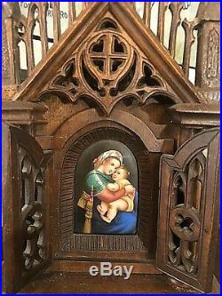 Antique Chapel Triptych Hand Painted KPM Porcelain Plaque Madonna Gothic Style