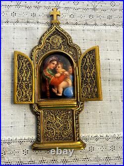 Antique Dore Bronze Filigree Triptych Hand Painted KPM Porcelain Plaque Madonna
