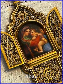 Antique Dore Bronze Filigree Triptych Hand Painted KPM Porcelain Plaque Madonna