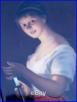 Antique Fine Hand Painted KPM style Porcelain Plaque Woman with Candle