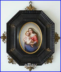 Antique Framed KPM Style Hand Painted Porcelain Plaque Virgin Mary & Baby Jesus