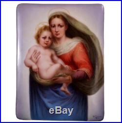 Antique German Hutschenreuther Hand Painted Madonna and Jesus Porcelain Plaque
