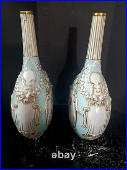 Antique German KPM Porcelain Floral Vases Pair, 13.5 high. DAMAGED