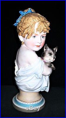 Antique German Kpm Victorian Baby Girl Doll With Cat Kitten Bisque Bust Figurine