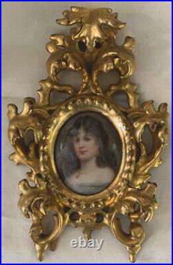 Antique German Porcelain Portrait Pretty Girl KPM Style Fancy Giltwood Frame