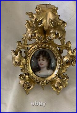 Antique German Porcelain Portrait Pretty Girl KPM Style Fancy Giltwood Frame