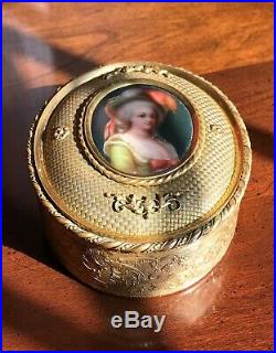 Antique Gilt Metal Trinket Box Marie Antoinette Porcelain Plaque KPM Style