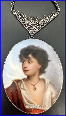 Antique Hand Painted Miniature Portrait On Porcelain Pendant Necklace KPM Style