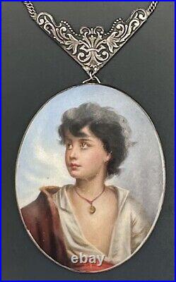 Antique Hand Painted Miniature Portrait On Porcelain Pendant Necklace KPM Style