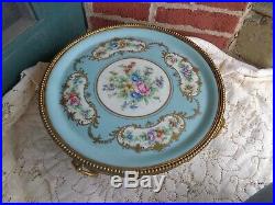 Antique Hand Painted Signed Sevres Roses Floral Porcelain Plateau Ormolu Tray