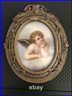 Antique Handpainted Porcelain Plaque CUPID ANGEL KPM Gilt Metal Frame