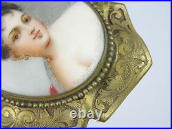 Antique Heavy Frame Hand Painted Kpm Lady Portrait C Clasp Pin Brooch 2.25
