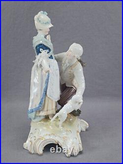 Antique KPM Berlin Hand Painted Couple Porcelain Figurine Group With Cat