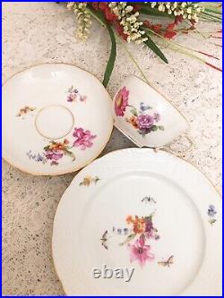 Antique KPM Berlin Hand Painted Floral Butterfly & Gold TeaCup Saucer Plate Trio
