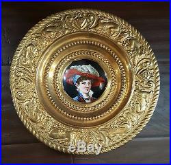 Antique KPM German Portrait Painting Porcelain Plate Ormolu Brass Repousse Frame