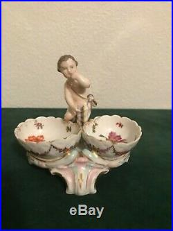 Antique KPM Hand Painted Porcelain Double Salt with Central Cherub Figure
