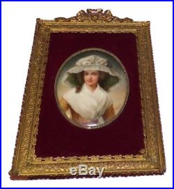 Antique KPM Painting on Porcelain Plaque, Lady Wearing Hat Signed Wagner