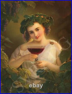 Antique KPM Porcelain Berlin plaque Giltwood girl red wine Grape tiara BAUER sgn