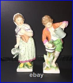 Antique KPM Porcelain Man & Woman Figurine Pair Watering Flowers