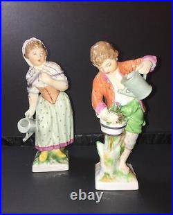 Antique KPM Porcelain Man & Woman Figurine Pair Watering Flowers