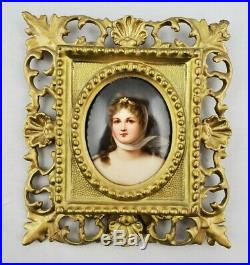 Antique KPM Portrait on Porcelain Topless Woman Carved Rococo Gilt Wood Frame