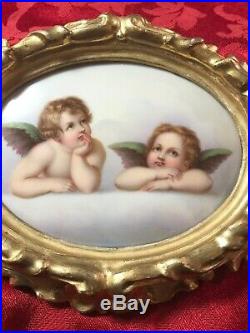 Antique KPM Style ANGELS Painting PORCELAIN PLAQUE Gold Wood Frame Germany