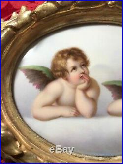 Antique KPM Style ANGELS Painting PORCELAIN PLAQUE Gold Wood Frame Germany
