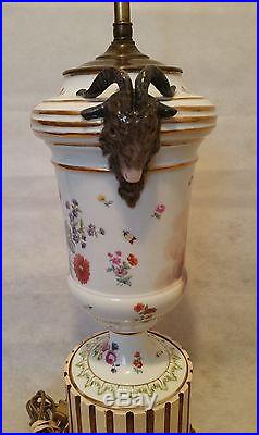 Antique KPM or Meissen insect flower and 3 Angles Rams Porcelain Vase Table Lamp